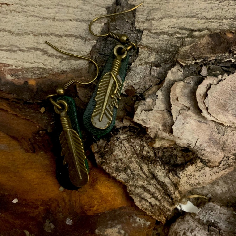 Handcrafted Green Leather & Gold Feather Earrings